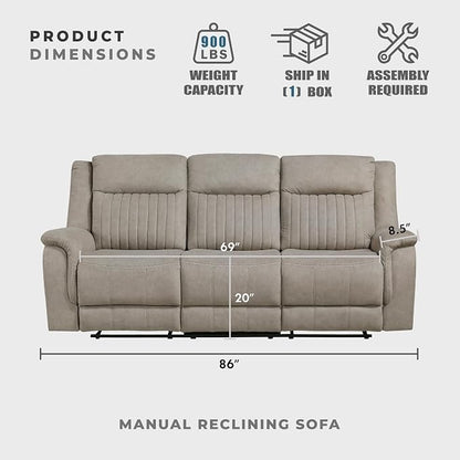 Lexicon Manual Double Reclining Sofa, Polished Microfiber Upholstered 3 Seater Manual Sofa Recliner for Living Room, Wall Hugger, Easy Assembly, Dove