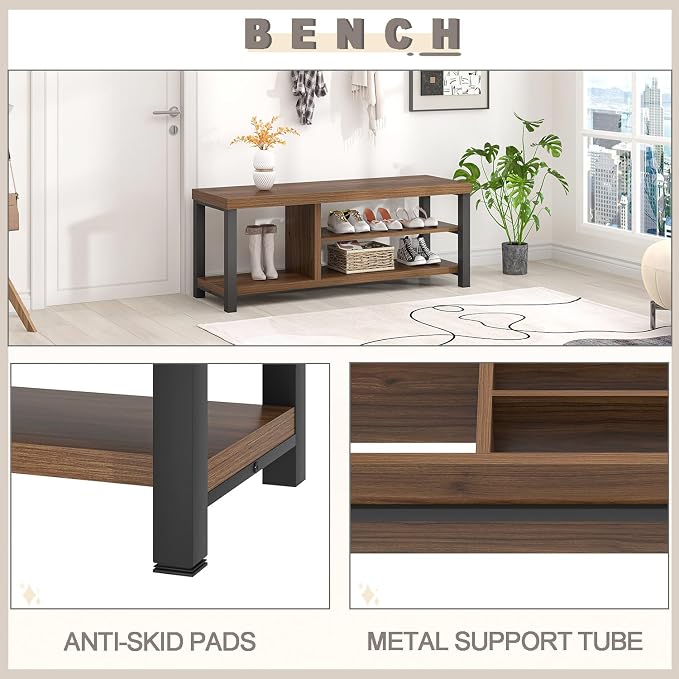 FOLUBAN Shoe Bench, Modern Wood and Metal Storage Bench for Entryway Hallway, Industrial Indoor Shoe Rack Bench Seat for Bedroom, Living Room, Rustic Walnut, 43.3 Inch