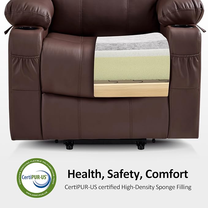MCombo Large Power Lift Recliner Chair with Massage and Heat for Tall Elderly People, 3 Positions, Cup Holders, and USB Ports, Faux Leather 7516 (Large, Light Brown)