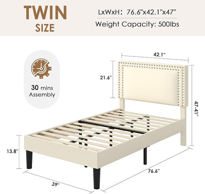 VECELO Twin Size Platform Bed Frame with Height Adjustable Upholstered Headboard, Modern Mattress Foundation,Strong Wood Slat Support, No Box Spring Needed, Easy Assembly, Beige