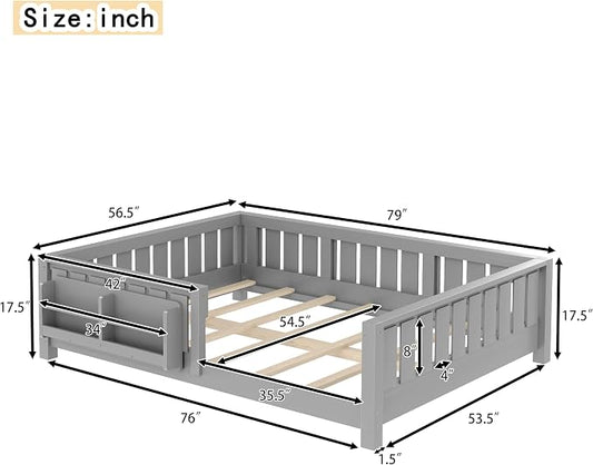 Bellemave Full Size Floor Bed with high Rails and with Built-in Bookshelf for Kids, Girls, Boys, Wood Montessori Floor Bed Without Door, Gray