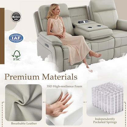 Power Reclining Sofa with Fold Down Table, Breathable Leather Electric Reclining Couch, Power Loveseat Recliner Sofa with Cup Holders/Outlets/USB-C/A Ports for Living Room(Grey, 3 Seat)