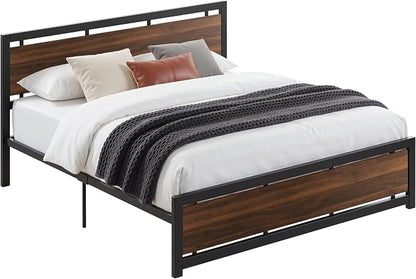 LIKIMIO King Bed Frame with Headboard and Footboard, Metal Strong Supports, Easy Assembly, Noise-Free, No Box Spring Needed, Dark Walnut