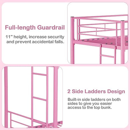 VECELO Metal Bunk Bed Twin Over Twin, Industrial Bunkbeds with Ladder and Full-Length Guardrail, Noise Free, No Boxing Spring Needed, Pink