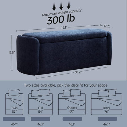 VKNOW 46" Oval Storage Ottoman Bench, Upholstered End of Bed Bench Ottomans Bench Foot Rest, Sherpa Storage Bench for Bedroom, Living Room and Hallway, Navy