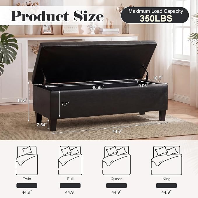 Asense 45" Storage Ottoman Bench,Faux Leather Upholstered Ottoman with Legs,Tufted Ottoman with Safety Hinge,Storage Bench for Bedroom,Living Room,Entryway,Black