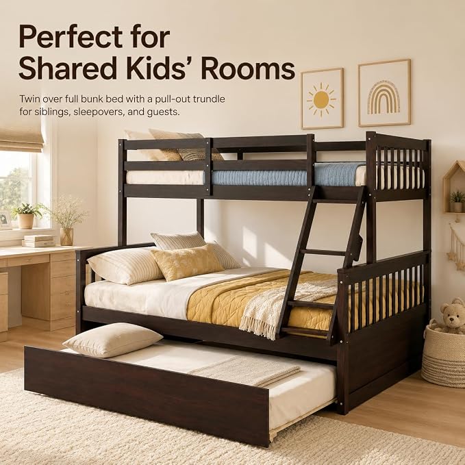 NAFORT Twin Over Full Bunk Bed with Trundle, Solid Wood Bunk Bed Frame, Ladder & Guardrails, Converts to 2 Platform Beds for Kids/Teens/Guests (Espresso, Twin Over Full with Trundle)