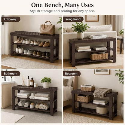 Shoe Rack Bench, 3-Tier Shoe Storage Organizer for Entryway , Shoe Shelf for Small Spaces, Multi-Functional Side Table Plant Stand, Shoe Stand for Bedroom, Living Room, Closet, Front Door, Brown