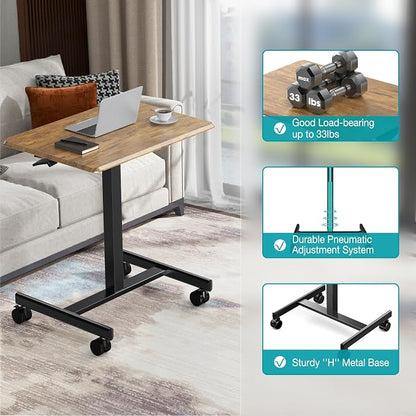 DUMOS Small Standing Desk Mobile Portable Rolling Laptop PC Table on Wheels Adjustable Height Computer Workstation for Home Office Small Space, 19 Inch, Brown