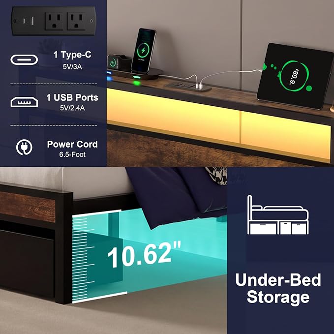 Full Bed Frame with 2 Drawers and Storage Headboard, Metal Platform with LED Lights and Charging Station, No Box Spring Needed, Noise Free, Easy Assembly