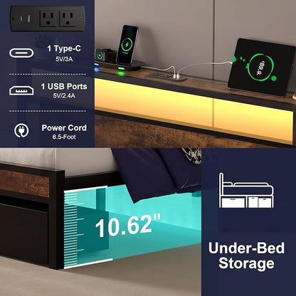 Full Bed Frame with 2 Drawers and Storage Headboard, Metal Platform with LED Lights and Charging Station, No Box Spring Needed, Noise Free, Easy Assembly