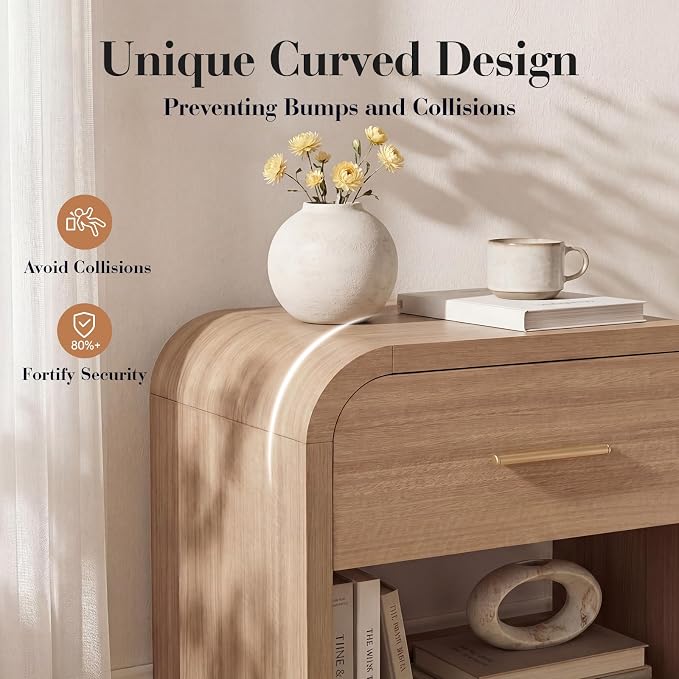 Night Stand [Unique Curved Profile] [FSC-Certified Wooden Board] 1-Drawer and 1 Storage Shelf Nightstand 24" H Metal Handle Modern Bedside Table Side Table End Table