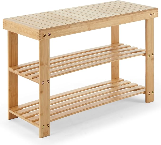 DUMOS Shoe Rack Bench with Storage, 3-Tier Bamboo Entryway Benches, Wooden Shoe Rack Holds Up to 286 lb Storage Organizer, Suitable for Bedroom Living Room Balcony, Classical Wood