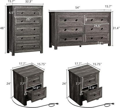 LUXOAK 5-Piece Farmhouse Bedroom Set, 1 X Queen Size Bed Frame, 1 X 5 Drawer Dresser, 1 X Wood Rustic 6 Drawer Storage Dresser, Nightstand Set of 2 with Charging Station, Bedroom Furniture Set, Grey