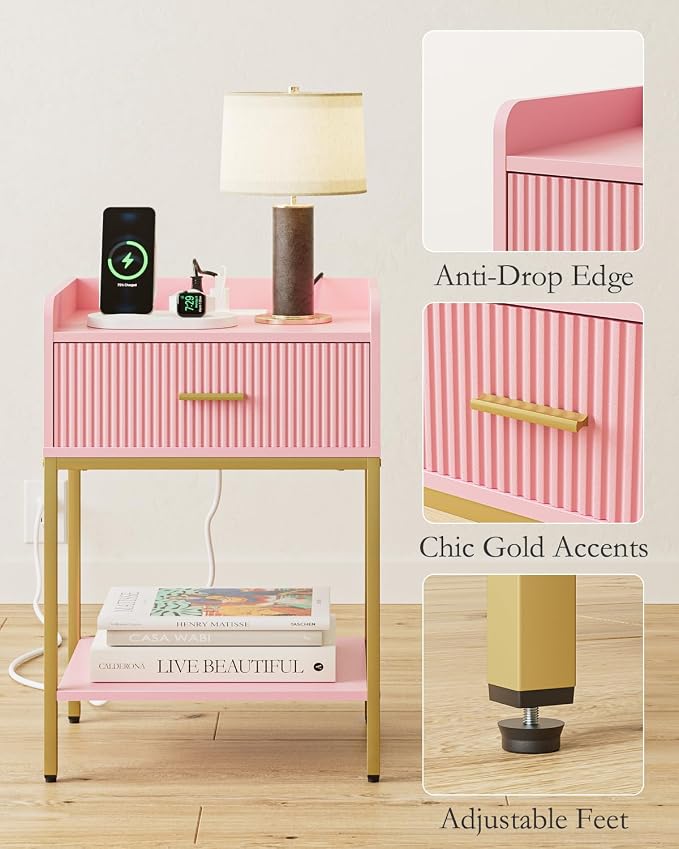 Nightstand with Charging Station, 3-Tier Bed Side Table, Small End Table, Night Stand with Open Shelf and Drawer, Bedside Table for Bedroom, Living Room, Pink