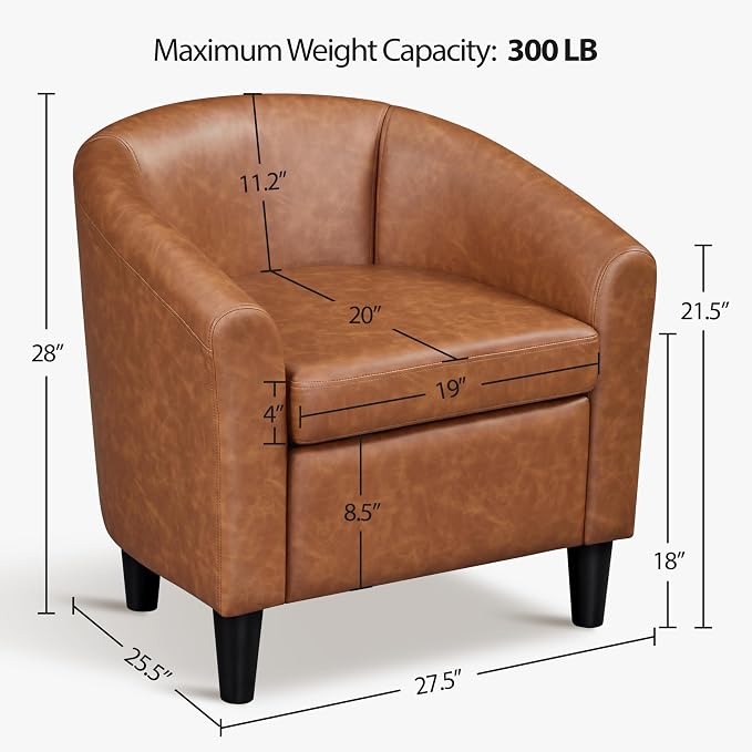 Topeakmart Leather Accent Chair, PU Leather Modern Barrel Chair Club Armchair with Soft Padded for Living Room Bedroom, Brown, Set of 2