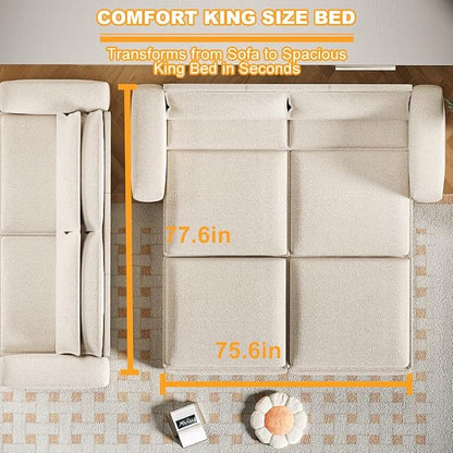 93" King Pull Out Sofa Bed, Boucle Sleeper Sofa Couch, Modern Wide Armrest, 3 in 1 Convertible Futon Couches for Living Room, Small Space, Apartment, Bedroom, Office, Beige