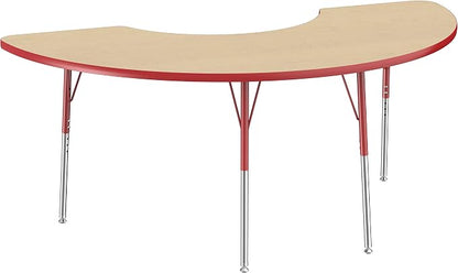 FDP Half Moon Activity School and Office Table (36 x 72 inch), Standard Legs with Swivel Glides for Collaborative Seating Environments, Adjustable Height 19-30 inches - Maple Top and Red Edge