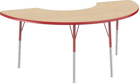 FDP Half Moon Activity School and Office Table (36 x 72 inch), Standard Legs with Swivel Glides for Collaborative Seating Environments, Adjustable Height 19-30 inches - Maple Top and Red Edge