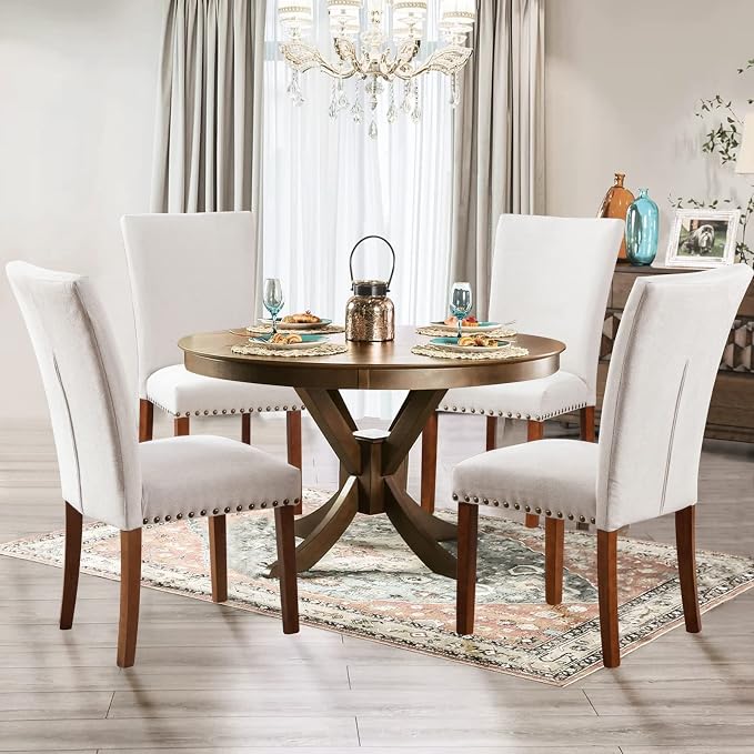 Upholstered Fabric Dining Chairs Set of 2, Parsons Dining Room Kitchen Side Chair with Nailhead Trim and Wood Legs - Beige