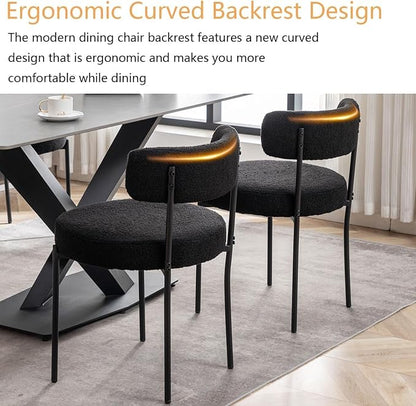 Cinxzar Black Boucle Dining Chairs Set of 4, Upholstered Dining Chairs with Black Metal Legs, Round Modern Dining Chair for Dining Room