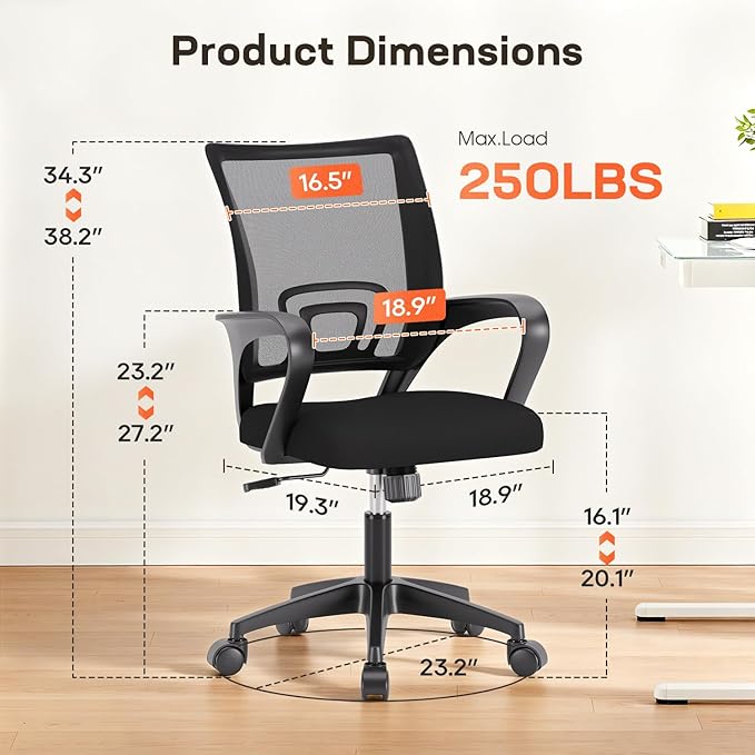 BestOffice | Ergonomic Office Chair | Mid-Back Swivel Desk Chair | Breathable Backrest & Lumbar Support | Adjustable Height | Sponge Seat | Rolling Wheels | Dark Black | for Adults & Women