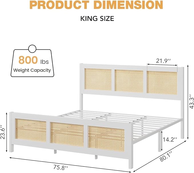 Garvee Rattan Bed Frame with Headboard, Bohe Platform King Size Bed Frame with Strong Metal Slats Support, No Box Spring Needed, Noise-Free Design, White