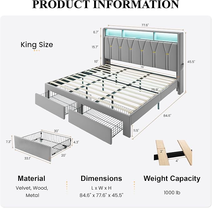 SHA CERLIN Velvet King Platform Bed Frame with 2 Storage Drawers, LED Storage Headboard with Charging Station, Wingback Upholstered, Noise Free, No Box Spring Needed, Easy Assembly, Grey