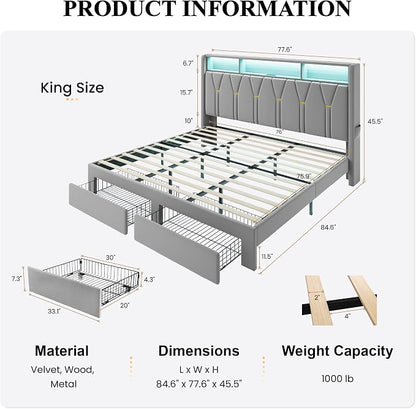 SHA CERLIN Velvet King Platform Bed Frame with 2 Storage Drawers, LED Storage Headboard with Charging Station, Wingback Upholstered, Noise Free, No Box Spring Needed, Easy Assembly, Grey