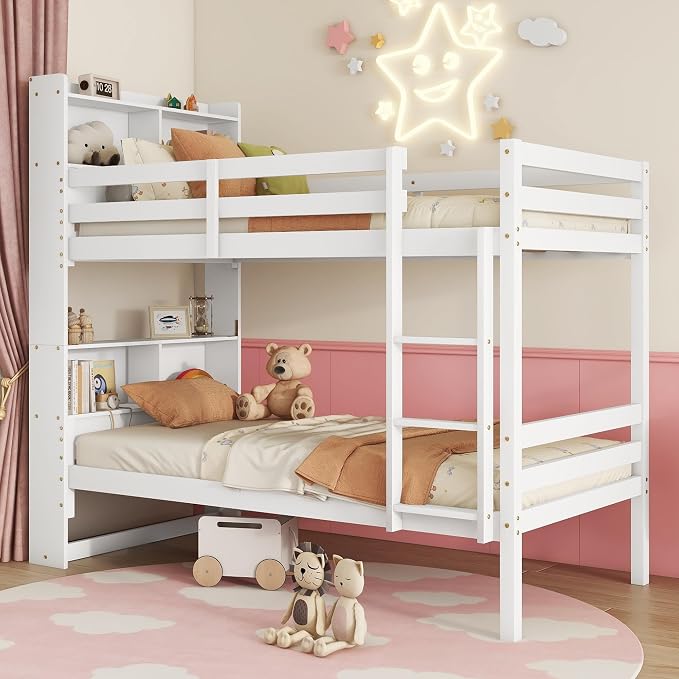 Twin Over Twin Bunk Bed with Storage Bookcase Headboard for Kids Boys Girls Teens, Rubber Wood Bunk Beds Frame with Storage Shelves, Can Be Separated into 2 Platform Beds, White