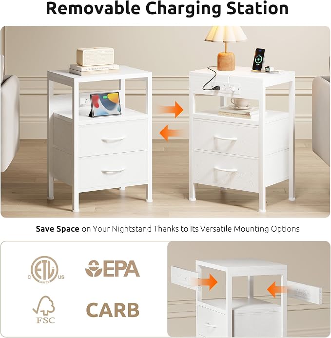 Lazzanto NightStand Bedside Charging Table Bedroom - Night Stand with Charger Station, White Modern Bed Side End Table with Open Shelf & 2 Fabric Drawers, USB-C Port & AC Outlets for Dorm, Living Room