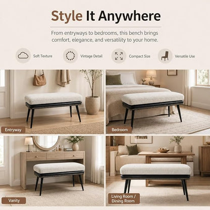 Forteek 32" Retro Upholstered Entryway Bench, Shoe Bench with Cushion | Leather & Fabric Padded Bench, End of Bed Bench for Bedroom, Dining Bench for Living Room, Storage Bench for Hallway & Foyer