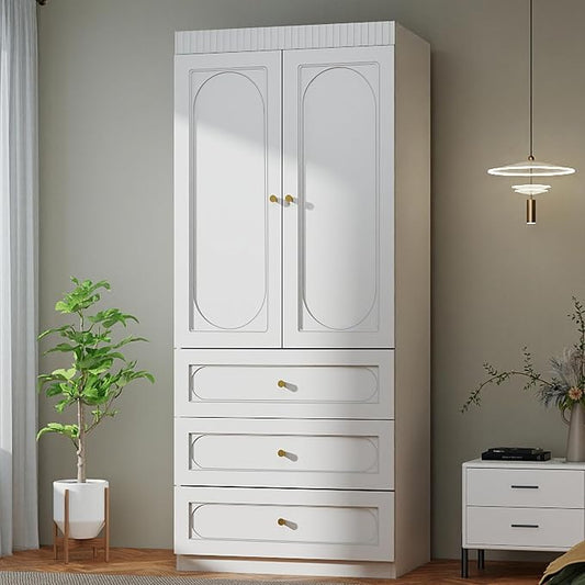 Armoire Wardrobe Closet with Drawers: 74" Tall White Wardrobe Closet with Doors, Large Bedroom Armoires for Clothes, Wood Closets for Hanging Clothes (31.5 in-2 Doors)