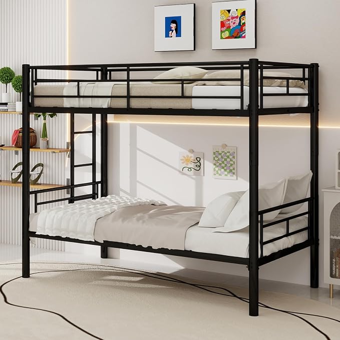 Metal Twin Over Twin Bunk Bed, Heavy-Duty Metal Bunk Bed, Noise Reduced Design/Safety Guardrail/2 Side Ladders/No Box Spring Needed (Black)