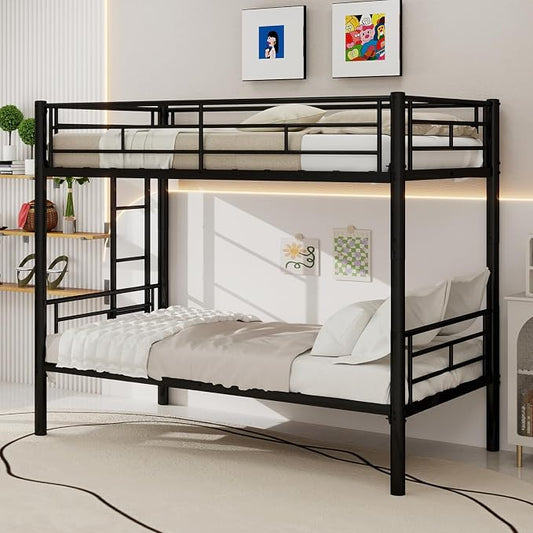 Metal Twin Over Twin Bunk Bed, Heavy-Duty Metal Bunk Bed, Noise Reduced Design/Safety Guardrail/2 Side Ladders/No Box Spring Needed (Black)