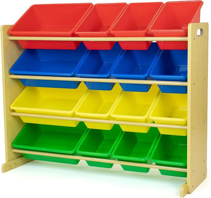 Humble Crew Toy Storage Organizer with 16 Removable Storage Bins for Kids Playroom, 4-Tier Toddler Toy Organization, Natural Wood/Primary
