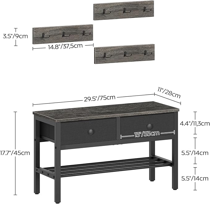 YATINEY Hall Tree with Bench and Shoe Storage, Entryway Bench with Coat Rack, 4-in-1 Coat Rack Shoe Bench, Multifunctional, for Front Door, Hallway, Foyer, Charcoal Grey and Black MT05BC