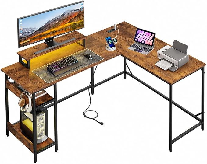 DEVAISE Spacious 55" L Shaped Gaming Desk with LED Lights and Power Outlets - Reversible Corner Computer Table with Monitor Stand and Storage Shelves for Work and Gaming, Rustic Brown