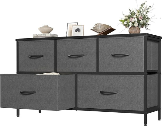 OLIXIS Dresser for Bedroom with 5 Drawers, Wide Chest of Drawers, Grey | Chest of Drawers for Clothes Storage with Bins, Wide Fabric Bedroom Dresser, Wooden Top, Living Room