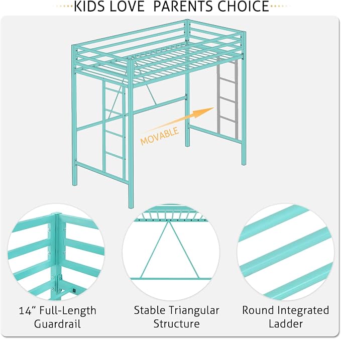 SHA CERLIN Loft Bed Twin Size with Ladder and Guardrail,Aqua Blue | Heavy Duty Metal Slats Support,No Box Spring Needed,Small Space Saving Furniture for Bedroom Dorm