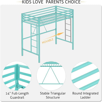 SHA CERLIN Loft Bed Twin Size with Ladder and Guardrail,Aqua Blue | Heavy Duty Metal Slats Support,No Box Spring Needed,Small Space Saving Furniture for Bedroom Dorm