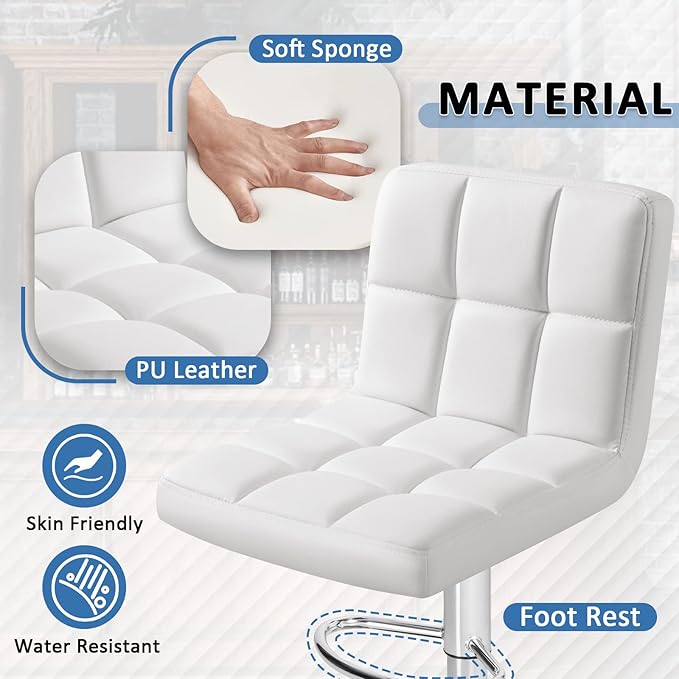 Homall Bar Stools Modern PU Leather Adjustable Swivel Barstools, Armless Hydraulic Kitchen Counter Bar Stool Extra Height Square Island Barstool with Back Set of 4 (Leather, White 4 Pcs)