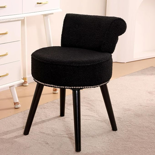 Vanity Chair with Back, Sherpa Stool with Tufted Backrest & Sliver Nailhead Trim, Round Vanity Seat for Bedroom and Bathroom Makeup, Support 220lbs, Easy Assembly (Teddy Black)