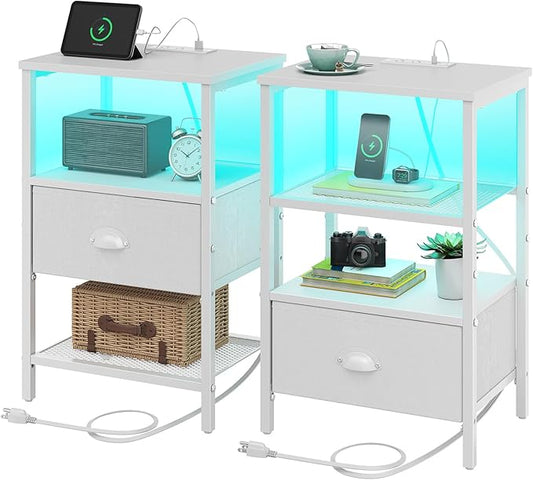 sthmec Nightstands Set of 2, LED Bedside Tables with Charging Station and Fabric Drawer, Night Stand with Storage, 3 Tier Side Table with Open Shelf, LED Nightstand with Charging Station, White