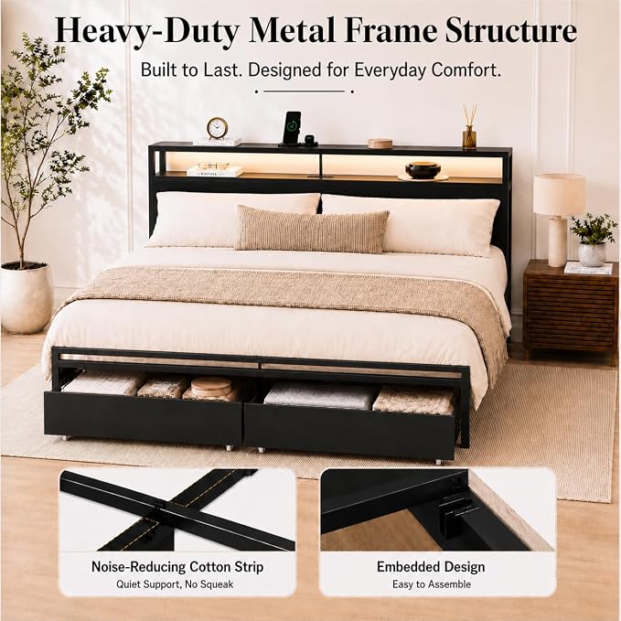 Zevemomo King Size Bed Frame with Storage Drawers, Bed Frame King Size with Headboard, LED Light, Charging Station with 2 USB Ports & 2 AC Ports, Noiseless, Black