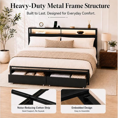 Zevemomo King Size Bed Frame with Storage Drawers, Bed Frame King Size with Headboard, LED Light, Charging Station with 2 USB Ports & 2 AC Ports, Noiseless, Black