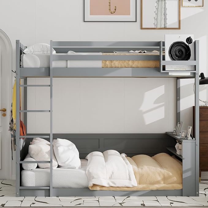RUNNA Queen Bunk Bed with Shelves,Storage Box,LED,USB Charging,Grey | Queen bunk bed with shelves,storage box,LED light,USB charging,solid wood frame, guardrails, no box spring needed,Grey
