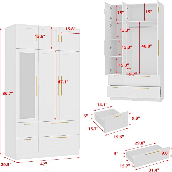 Wardrobe Closet with Mirror, 3 Door Wardrobe with Hanging Rod, 4 Drawers, Shelves, Modern Bedroom Armoire with Gold Handles, White Clothes Cabinet, 20.5”D x 47”W x 86.7”H