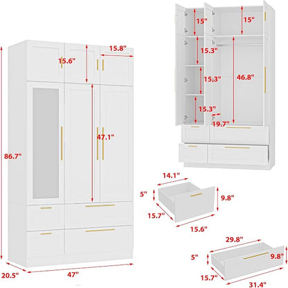 Wardrobe Closet with Mirror, 3 Door Wardrobe with Hanging Rod, 4 Drawers, Shelves, Modern Bedroom Armoire with Gold Handles, White Clothes Cabinet, 20.5”D x 47”W x 86.7”H