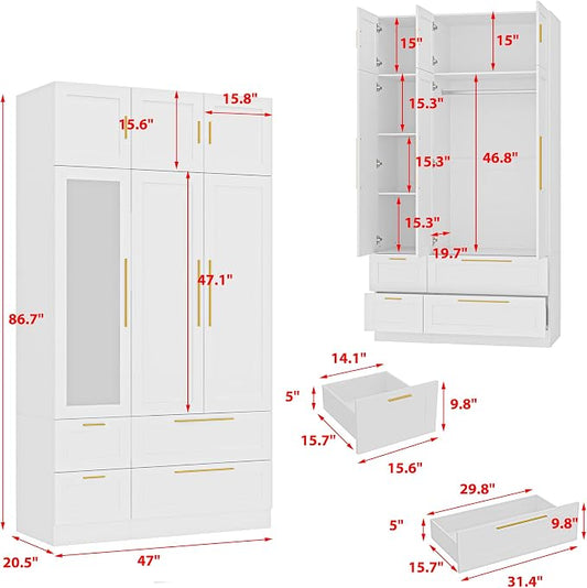 Wardrobe Closet with Mirror, 3 Door Wardrobe with Hanging Rod, 4 Drawers, Shelves, Modern Bedroom Armoire with Gold Handles, White Clothes Cabinet, 20.5”D x 47”W x 86.7”H